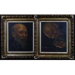 Pair of Oil on canvas portraits of old Chinese/Oriental gentleman, one of which is smoking a long