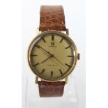 Gents 9ct cased Omega Geneve manual wind wristwatch circa 1972. The gilt dial with gilt baton