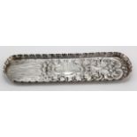 Victorian silver highly decorated small pin tray - has initials to the central cartouche, hallmarked