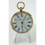 Gents 18ct cased open face pocket watch by E. Leddicoat. Newcastle on Tyne. Hallmarked Chester 1873.