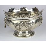 Edward VII silver rose bowl with ornate rim & lion mask drop handles, good condition, no