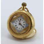 Ladies 18ct Gold pocket watch, enamel dial with Roman numerals and floral decoration, diameter 36mm,