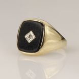 9ct yellow gold onyx and diamond set signet ring, cushion shaped onyx measures 13mm x 10mm set