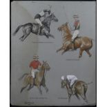 Horses/sporting interest. Four pencil and gouache illustrations on buff board of polo players,
