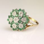 9ct yellow gold emerald and diamond cluster dress ring, seven diamonds surrounded by emeralds, total