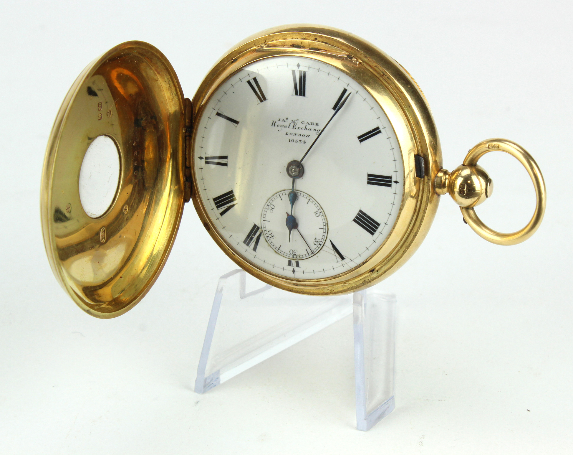 Gents 18ct cased half-hunter pocket watch, hallmarked London 1874. The white dial signed "Jas