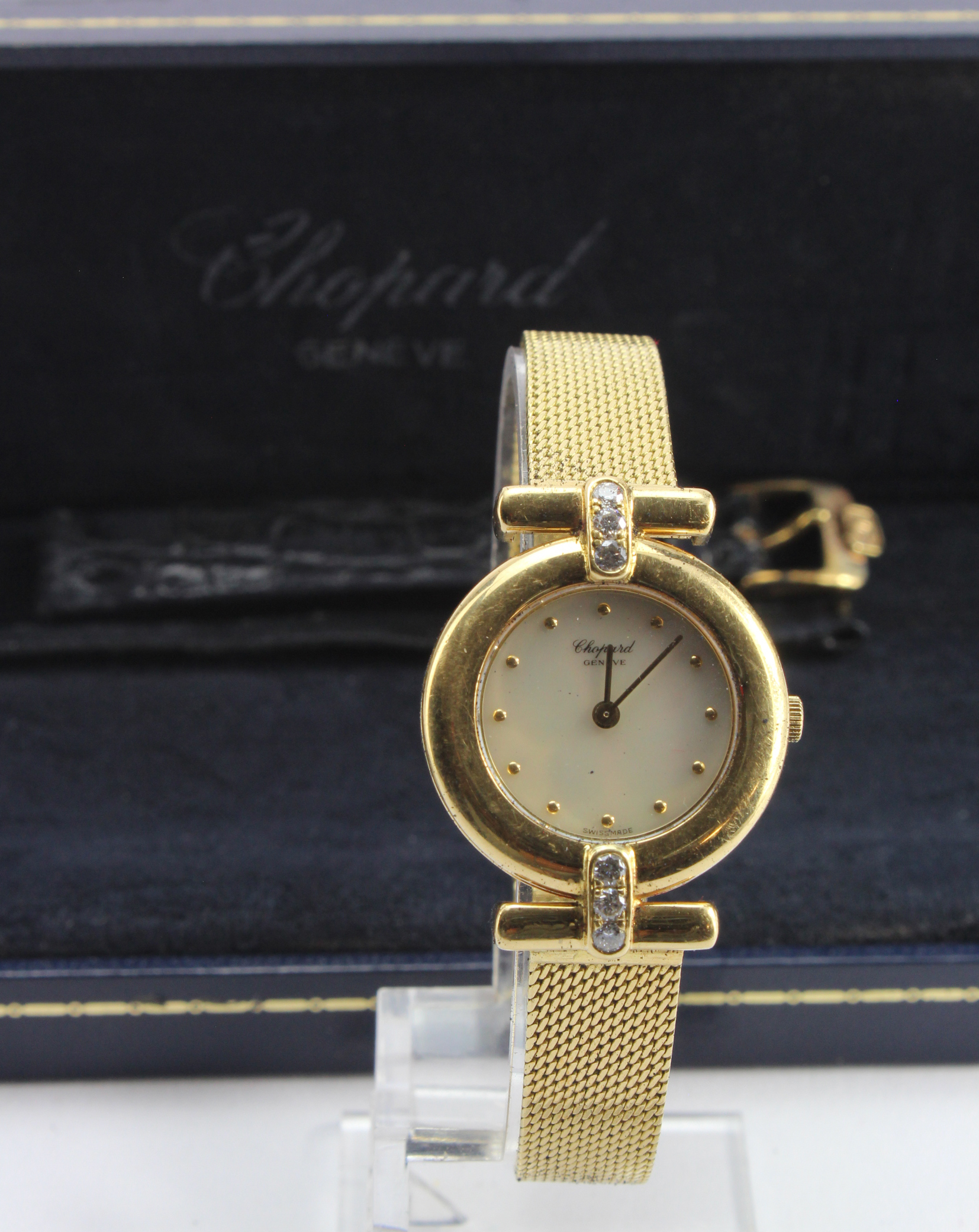 Yellow gold (tests 18ct) ladies Chopard wristwatch, mother of pearl dial and dot makers, diamond set - Image 2 of 2