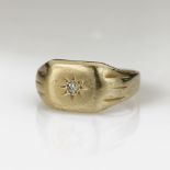 Yellow gold (tests 9ct) signet ring, central 2mm diamond in a star setting, finger size R, weight