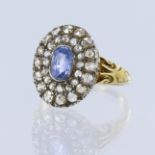 Yellow gold (tests 14ct) antique sapphire and diamond double cluster ring, set with one cornflower