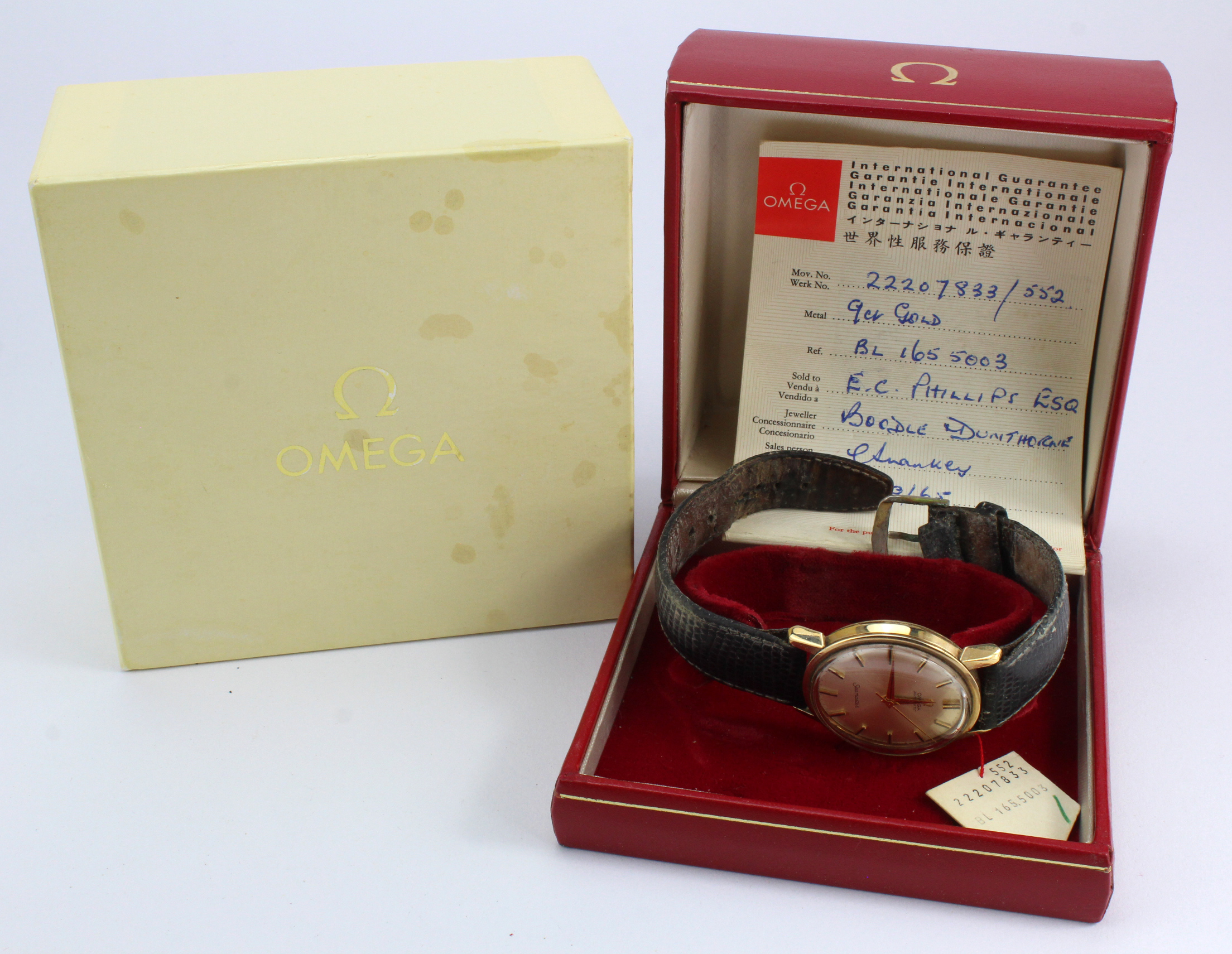 Gents 9ct gold Omega automatic Seamaster wristwatch, purchased 1965. The silver dial with gilt baton