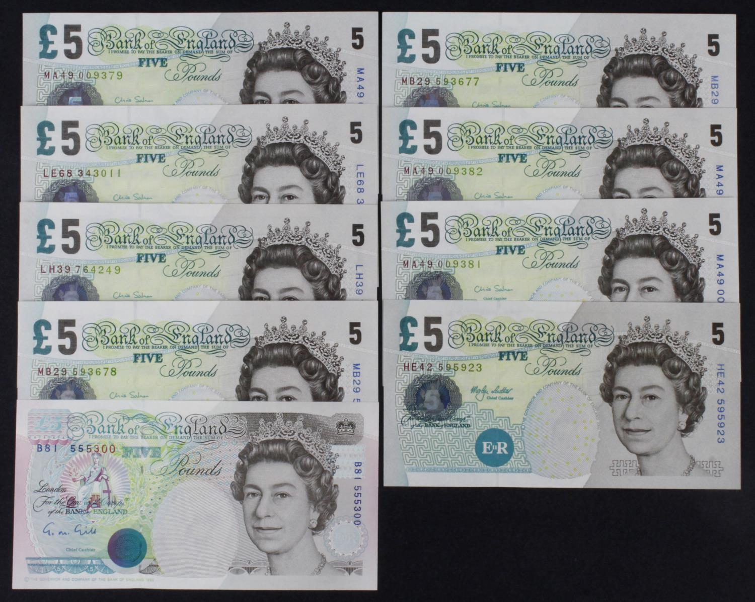 Bank of England (9), Salmon 5 Pounds (7) issued 2012, including two consecutively numbered pairs,