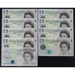 Bank of England (9), Salmon 5 Pounds (7) issued 2012, including two consecutively numbered pairs,