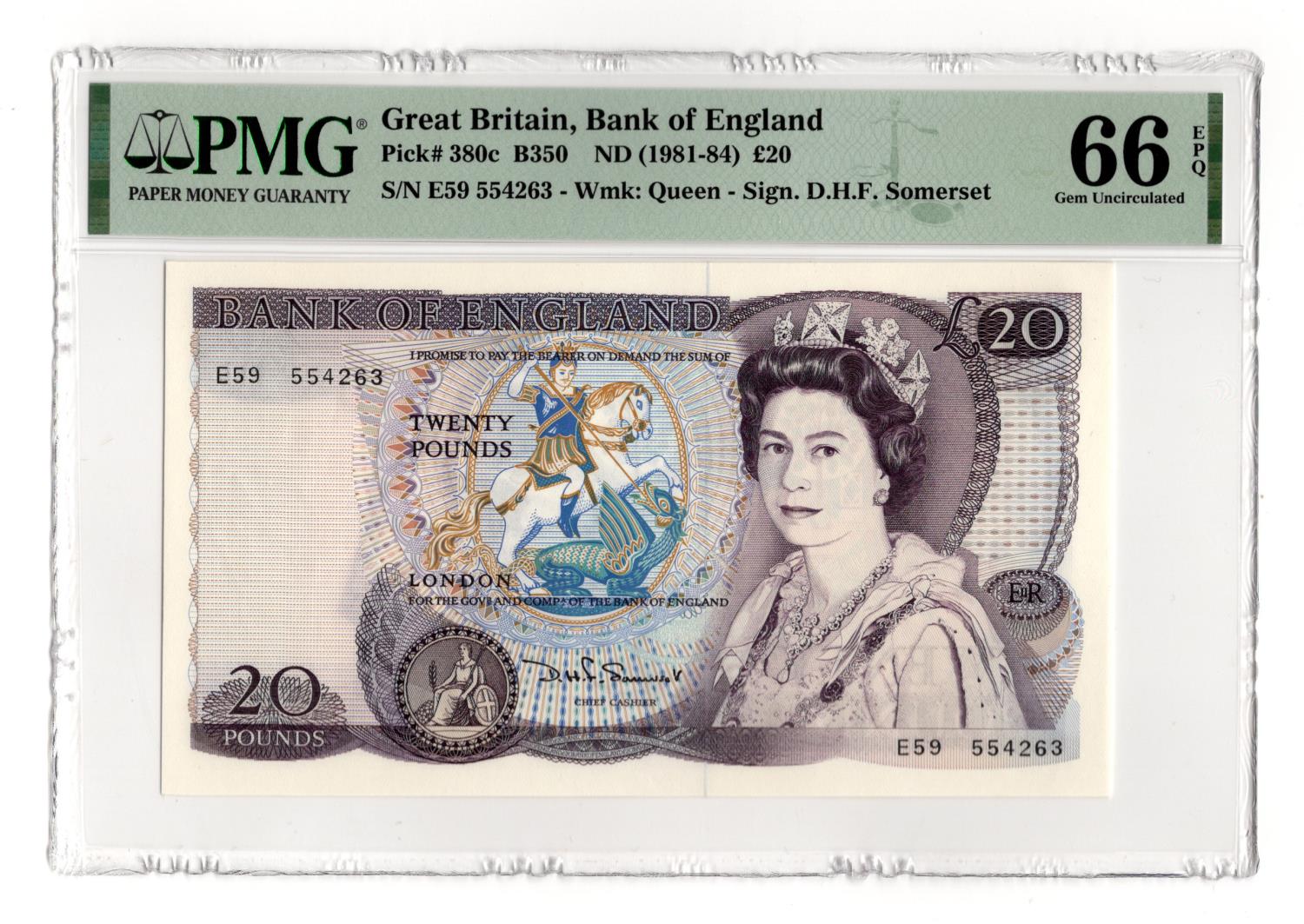 Somerset 20 Pounds (B350) issued 1981, FIRST SERIES serial E59 554263, a consecutively numbered note