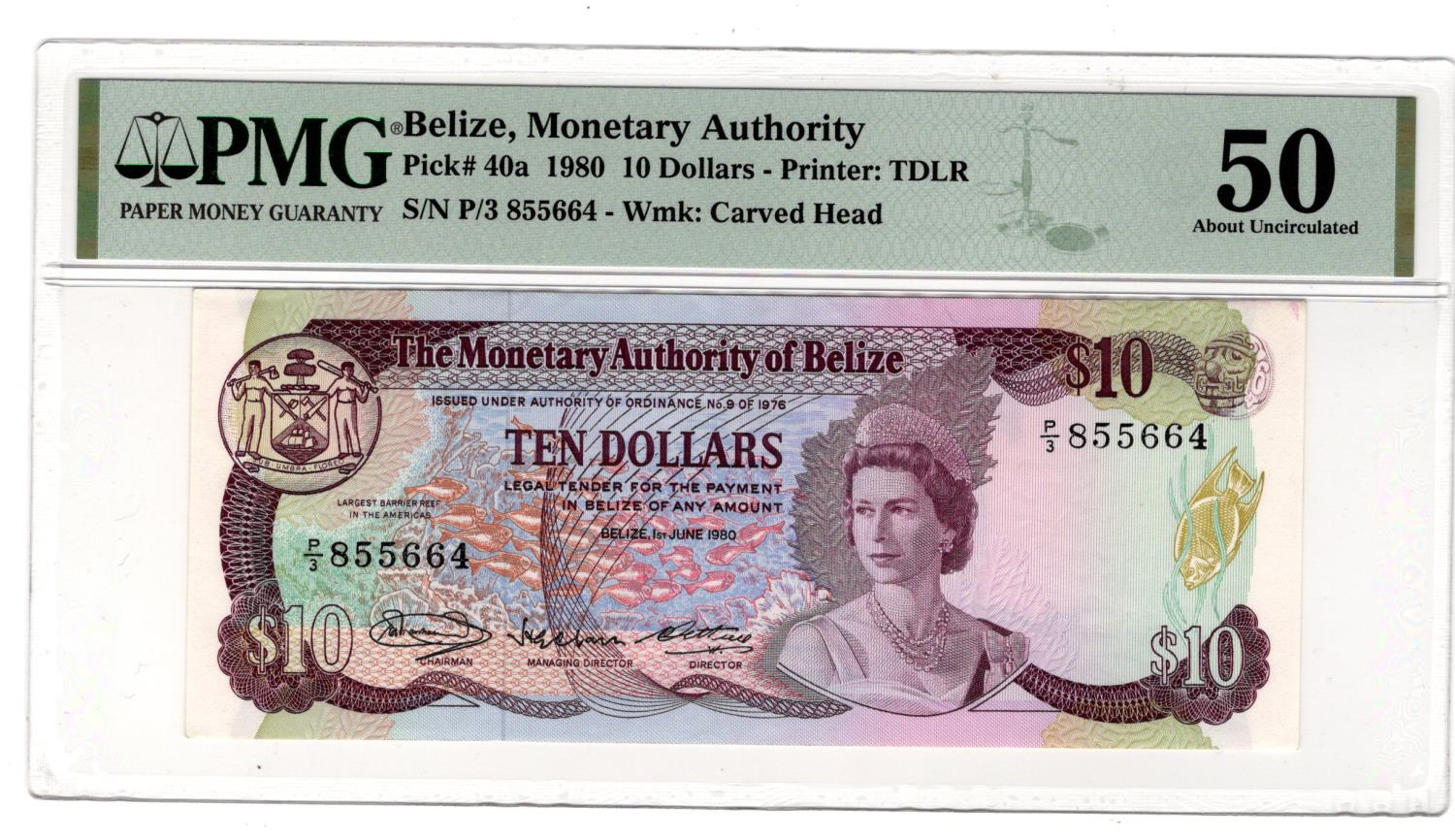 Belize 10 Dollars dated 1st June 1980, Queen Elizabeth II portrait at right, serial P/3 855664 (