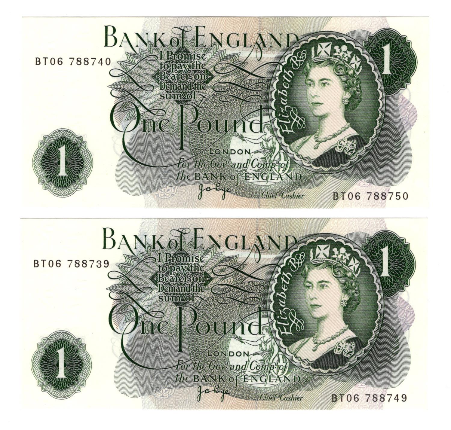 ERROR Page 1 Pound (2) issued 1970, consecutively numbered pair of mismatched serial numbers, top