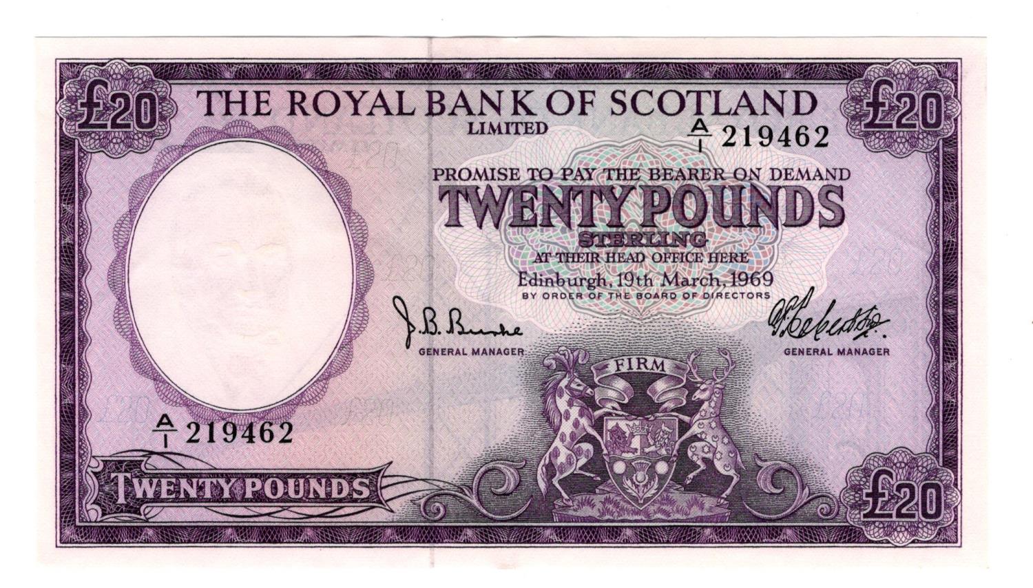 Scotland, Royal Bank of Scotland 20 Pounds dated 19th March 1969, signed Robertson & Burke, serial