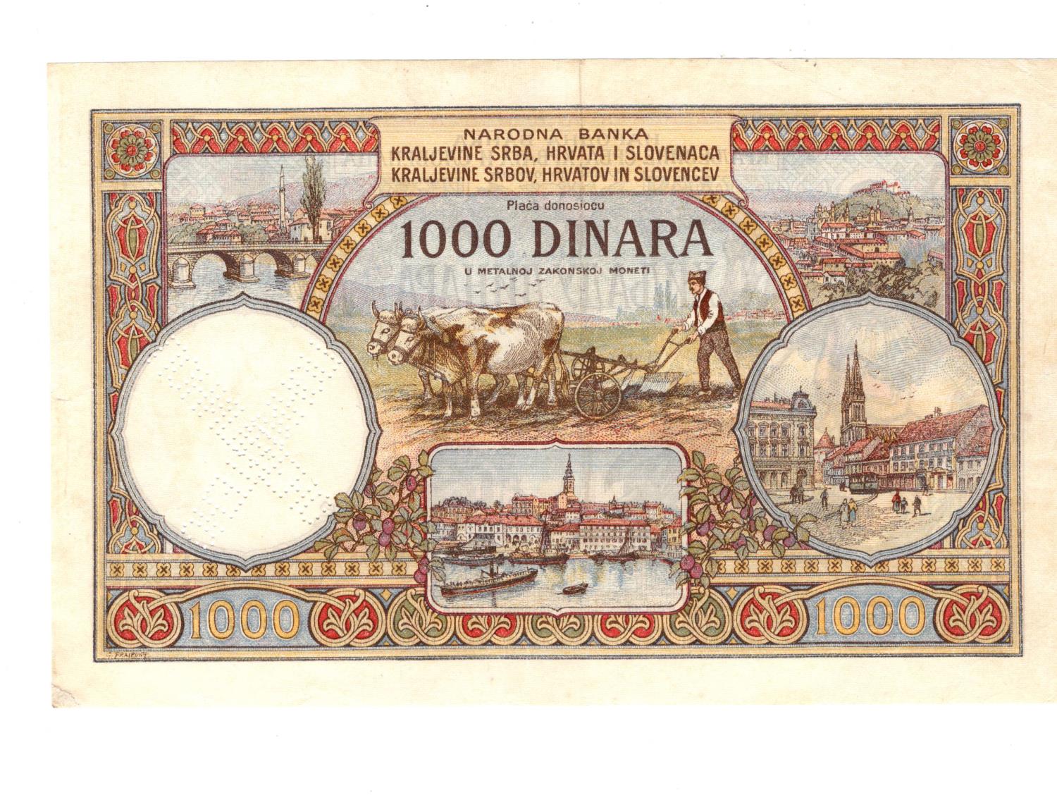 Yugoslavia 1000 Dinara dated 30th November 1920, very rare 1st issue WITHOUT King Karageorge - Image 2 of 2