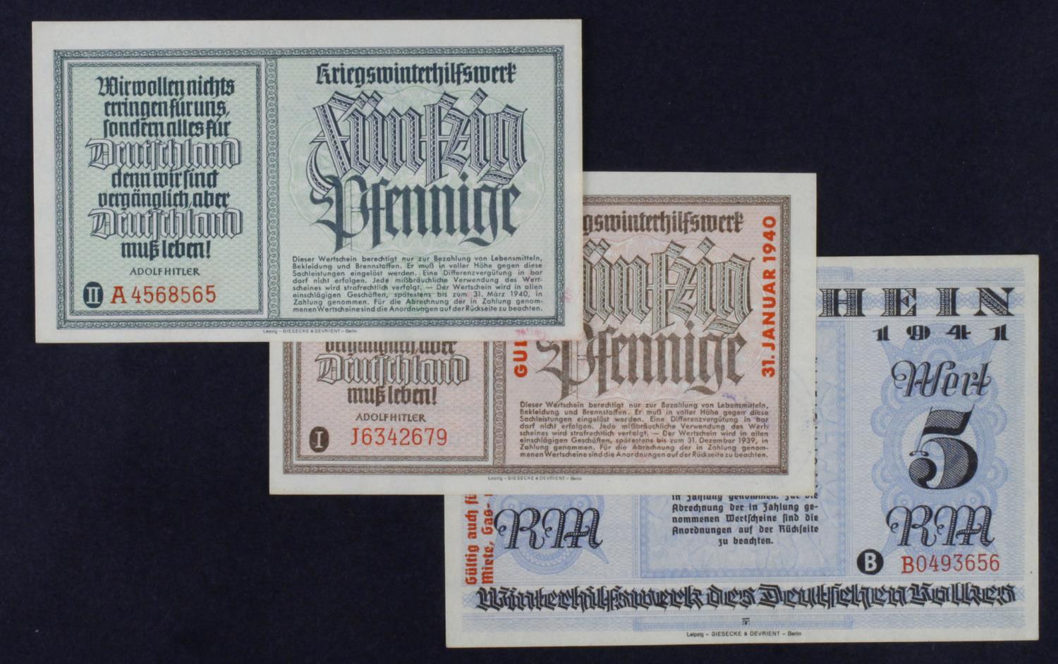 Germany Third Reich Winter Help (3), 5 Reichsmark, 50 Pfennig (2) different types, WW2