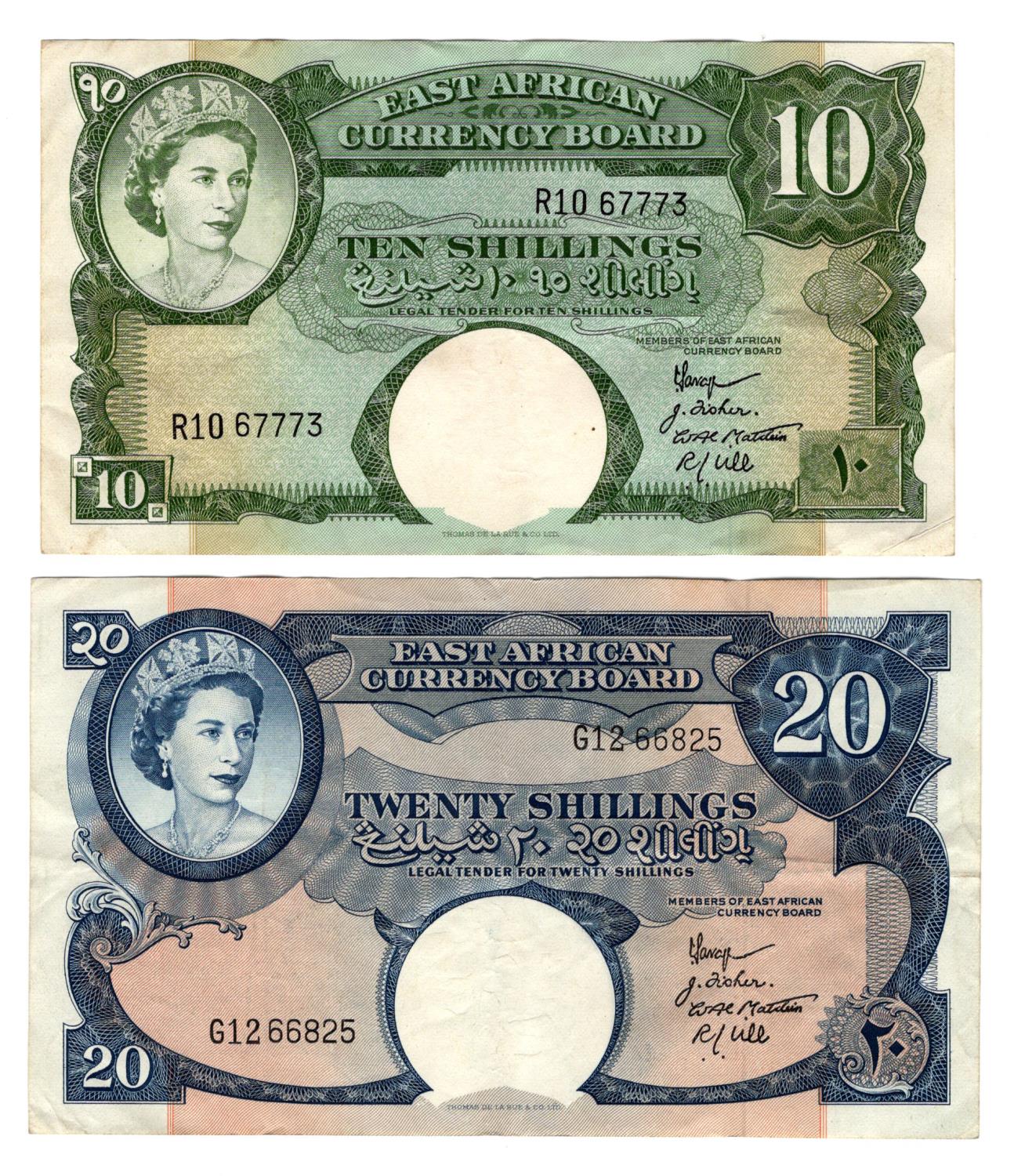 East African Currency Board (2), 20 Shillings issued 1958 - 1960, portrait Queen Elizabeth II top