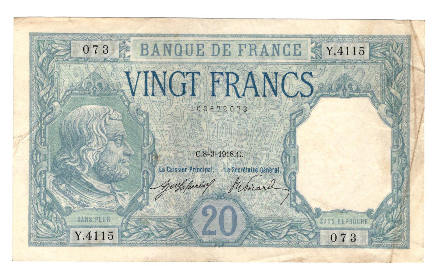 France 20 Francs dated 8th March 1918, portrait Bayard at left, serial Y.4115 073 (Pick74) nice