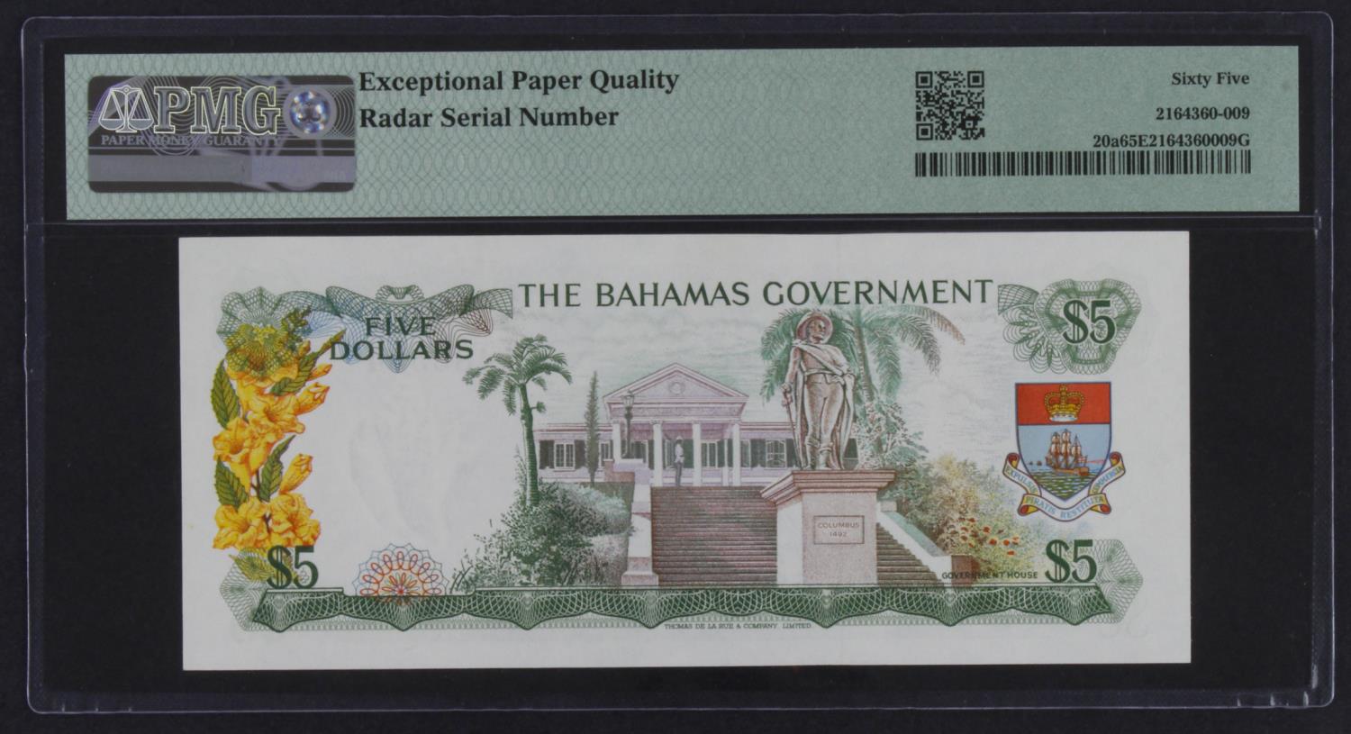 Bahamas 5 Dollars dated 1965, Queen Elizabeth II portrait at left, nice RADAR number, serial A485584 - Image 2 of 2