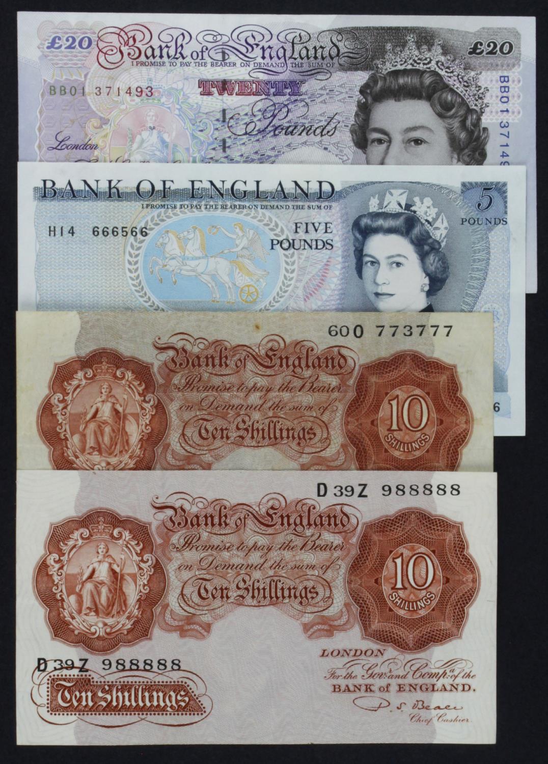 Bank of England (4), near SOLID numbers, Peppiatt 10 Shillings 1934 serial 60O 773777 (B236,