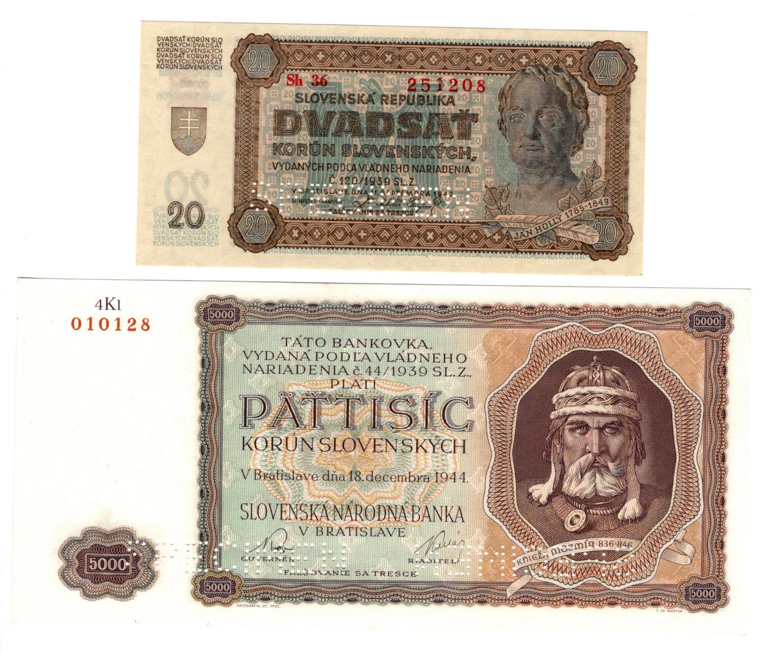 Slovakia (2), 5000 Korun dated 18th December 1944, SPECIMEN note, perforated 'SPECIMEN', serial