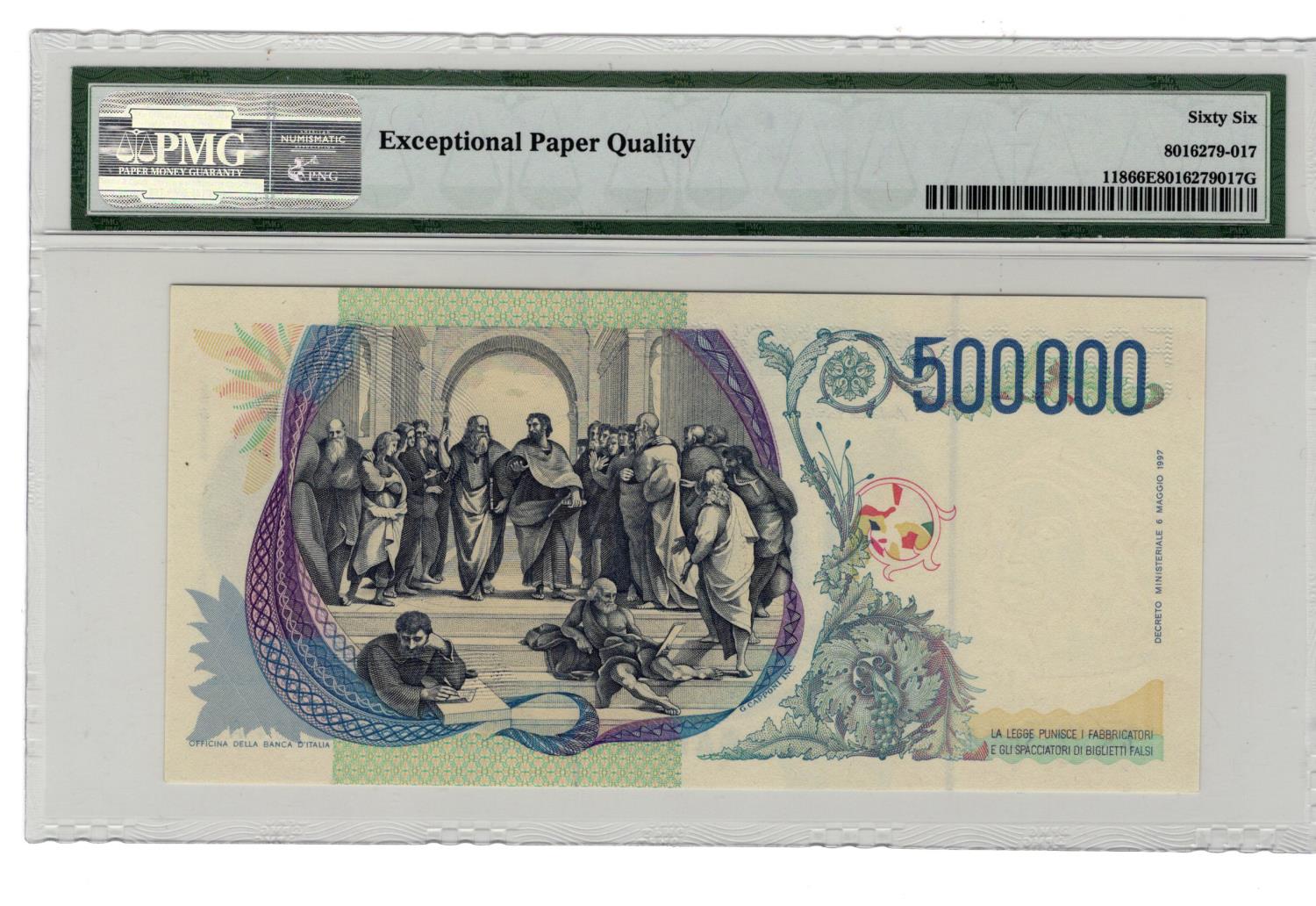 Italy 500,000 Lire dated 6th May 1997, final pre Euro issue, portrait Raffaello at right, serial - Image 2 of 2