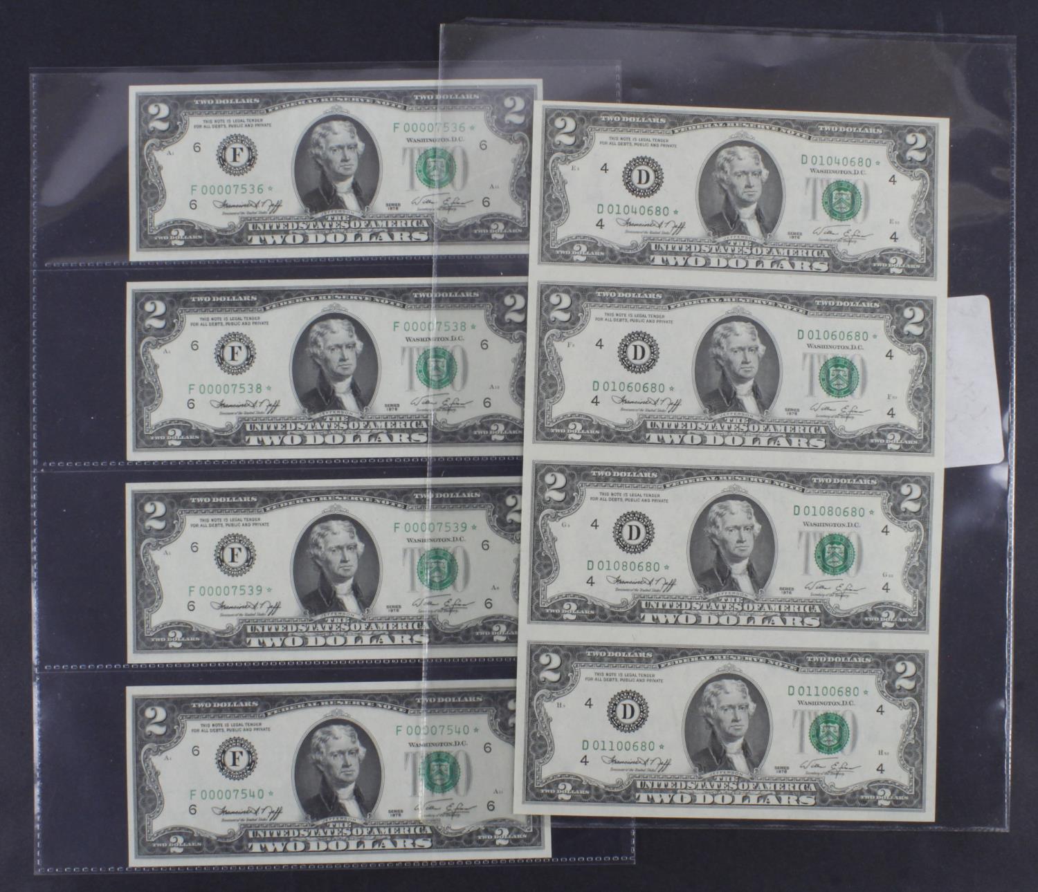 United States of America 2 Dollars series 1976 (8), all STAR/REPLACEMENT notes, an uncut sheet of