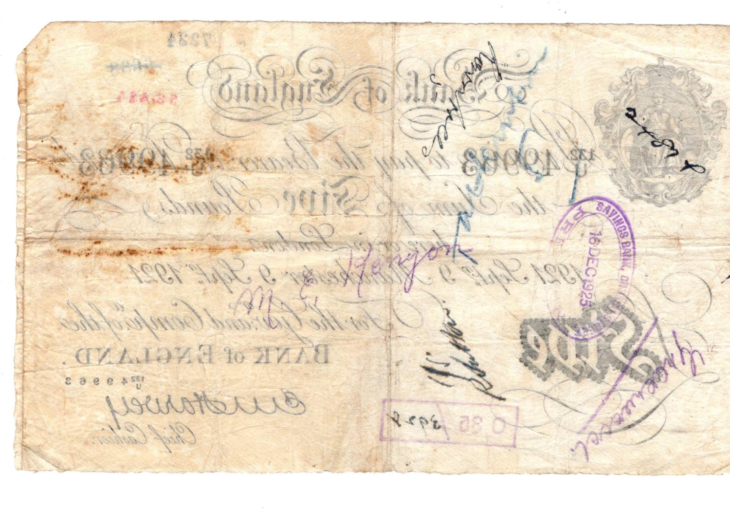 Harvey 5 Pounds dated 9th September 1921, scarce MANCHESTER branch note, serial 132/U 49963 (B209af, - Image 2 of 2