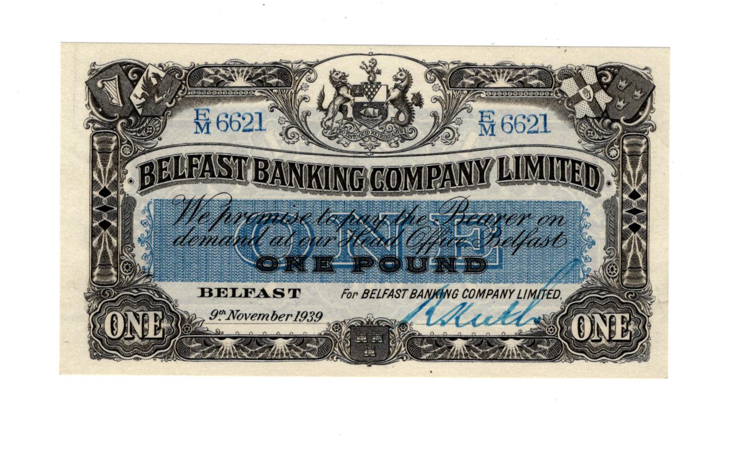 Northern Ireland, Belfast Banking Company 1 Pound dated 9th November 1939, serial E/M 6621 (PMI