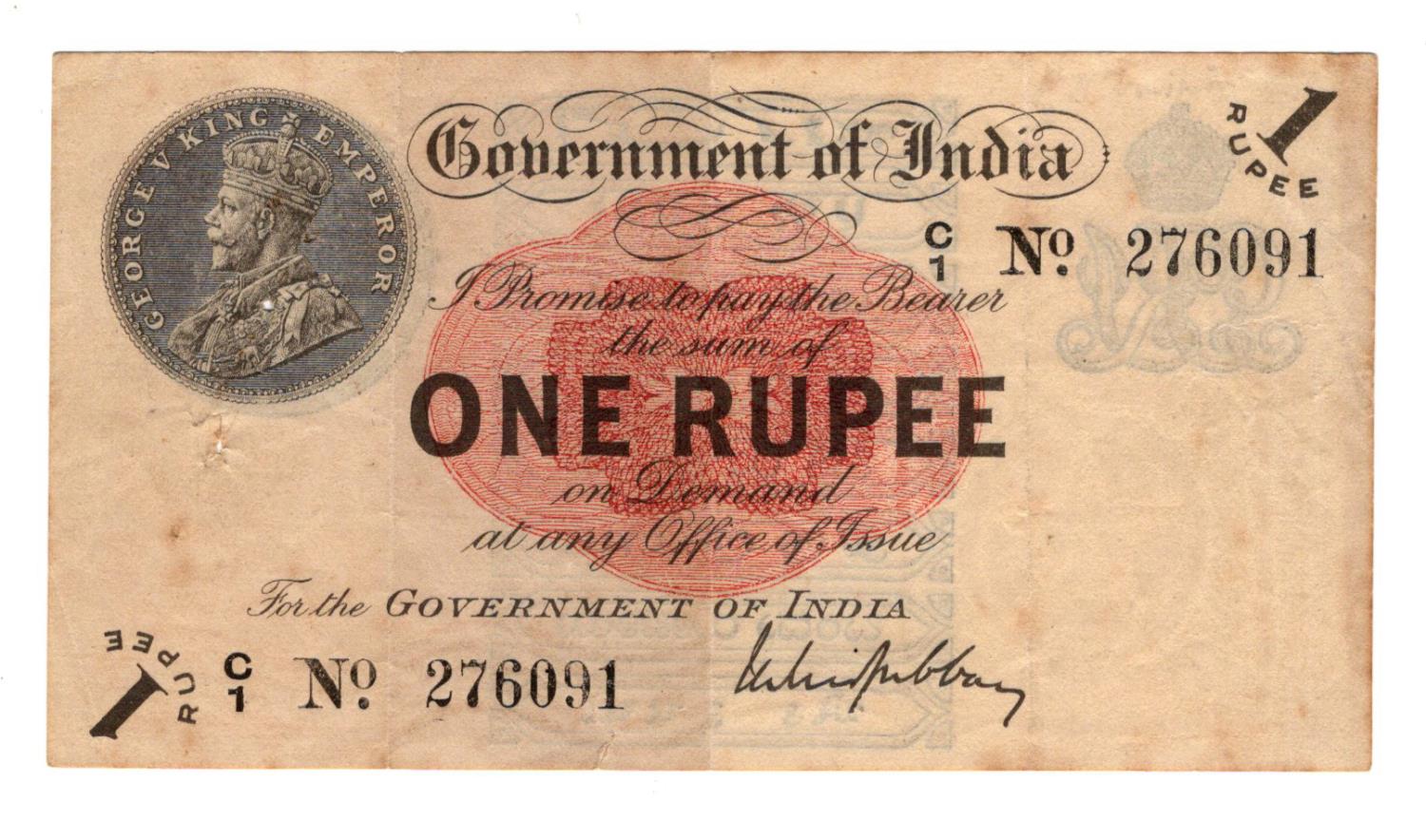 India 1 Rupee dated 1917, portrait King George V at top left, signed Gubbay, prefix C for Calcutta