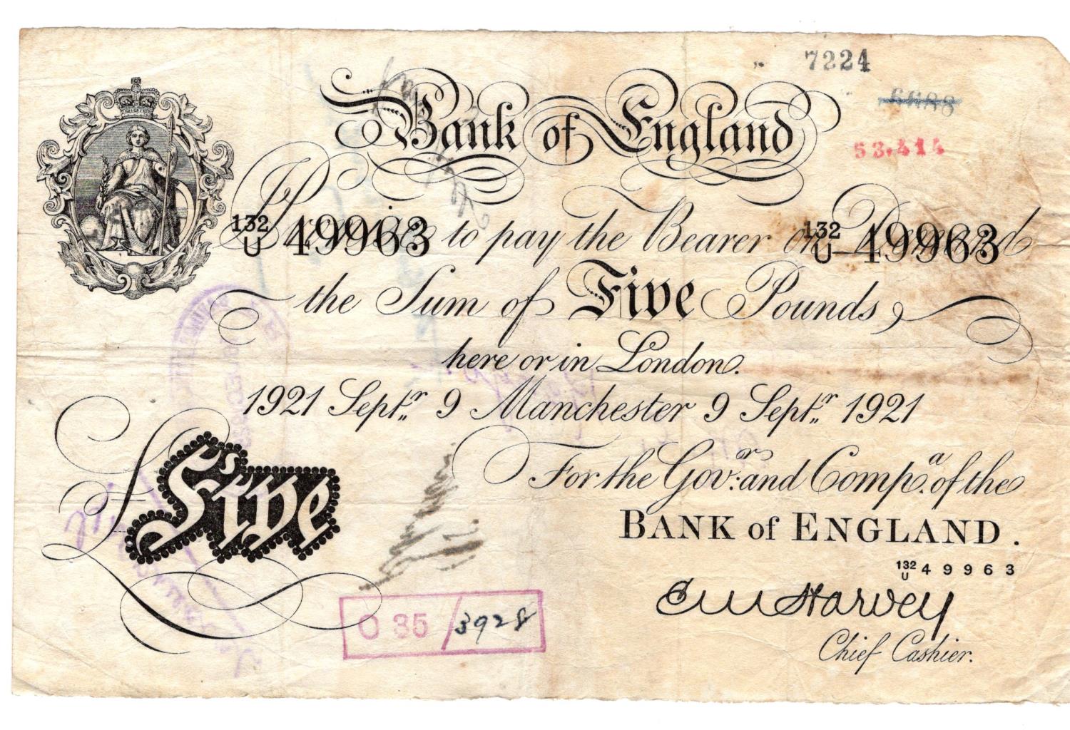 Harvey 5 Pounds dated 9th September 1921, scarce MANCHESTER branch note, serial 132/U 49963 (B209af,