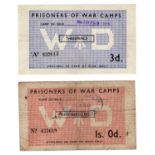 Prisoners of War camps notes (2), a pair from Camp No.116, Hatfield Heath, Essex issued during WW2