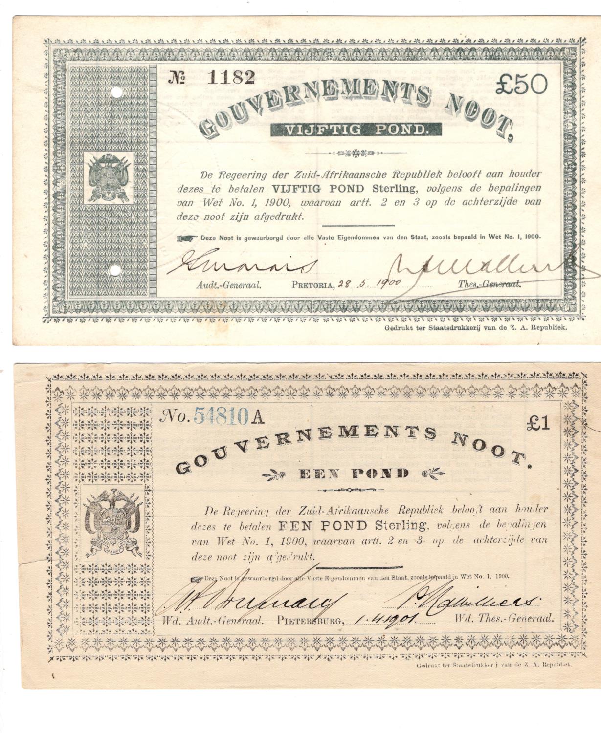 South Africa (2), 50 Pounds dated 28th May 1900, Gouvernments Noot Vijftig Pond, Pretoria issue,