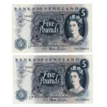 Fforde 5 Pounds (B314) issued 1967 (2), a consecutively numbered pair serial 06C 799601 - 06C 799602