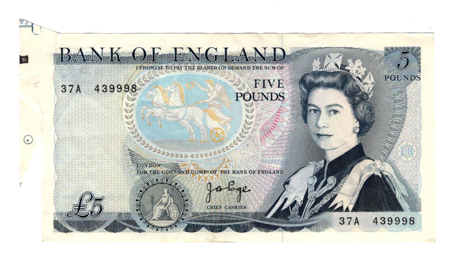 ERROR Page 5 Pounds issued 1973, extra paper FISHTAIL showing odd printing marks, serial 37A