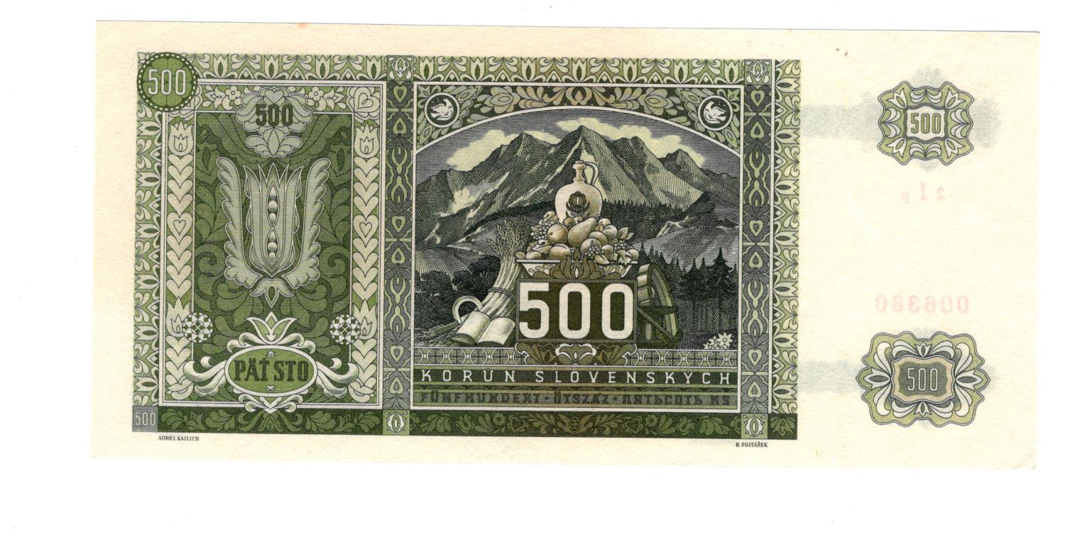 Slovakia 500 Korun dated 12th July 1941, serial 2Ip 006380 (TBB B305a, Pick12a) very light signs - Image 2 of 2