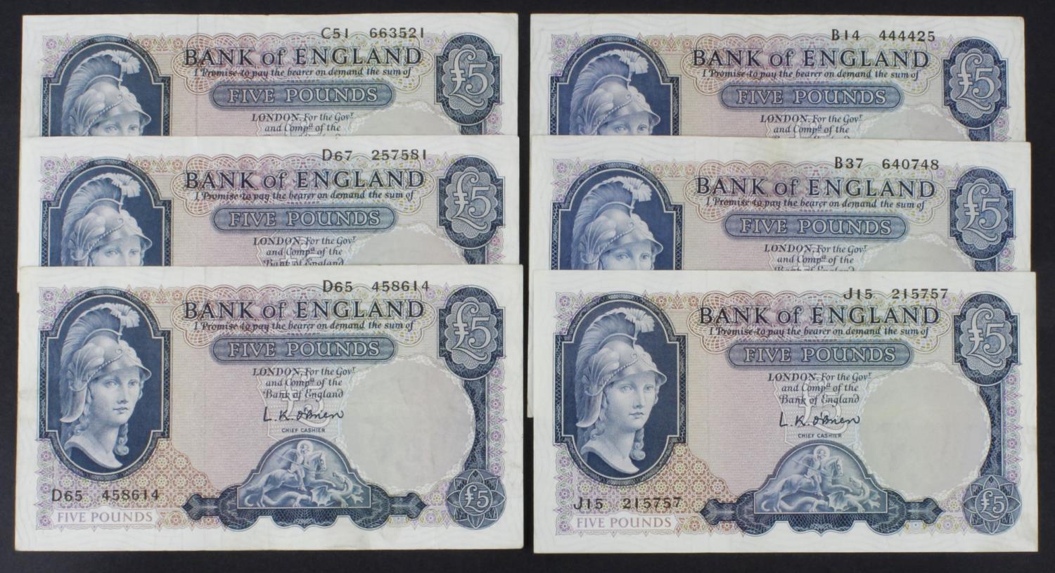 O'Brien 5 Pounds (B277, B280) issued 1957 & 1961 (6), series B helmeted Britannia, Lion & Key