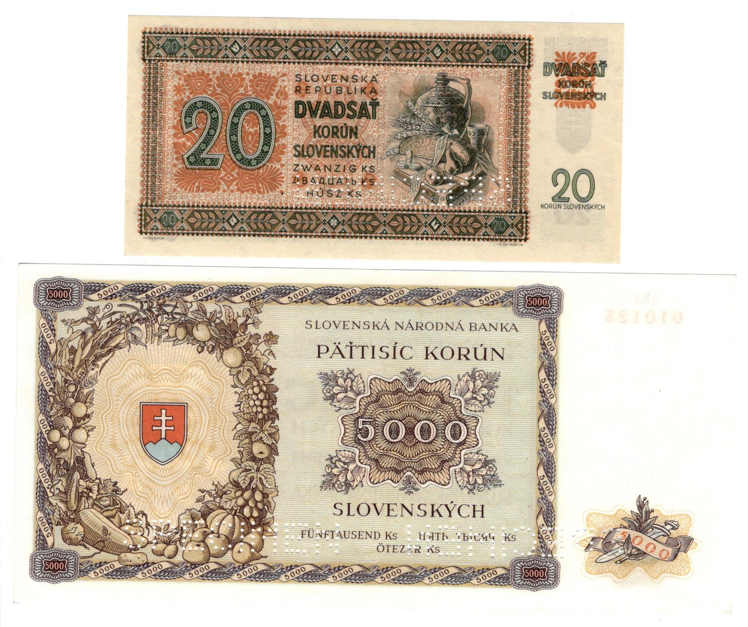 Slovakia (2), 5000 Korun dated 18th December 1944, SPECIMEN note, perforated 'SPECIMEN', serial - Image 2 of 2