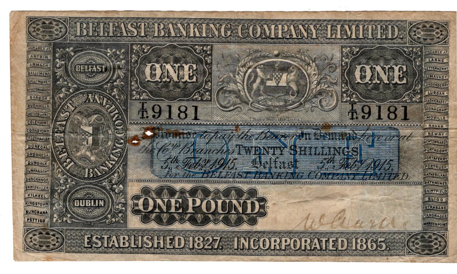 Northern Ireland, Belfast Banking Company Limited 1 Pound dated 5th February 1915, handsigned,