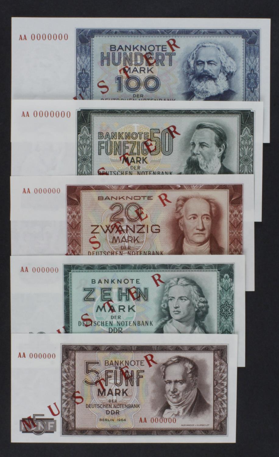 Germany Democratic Republic (5), a set of SPECIMEN notes, 100 Mark, 50 Mark, 20 Mark, 10 Mark & 5