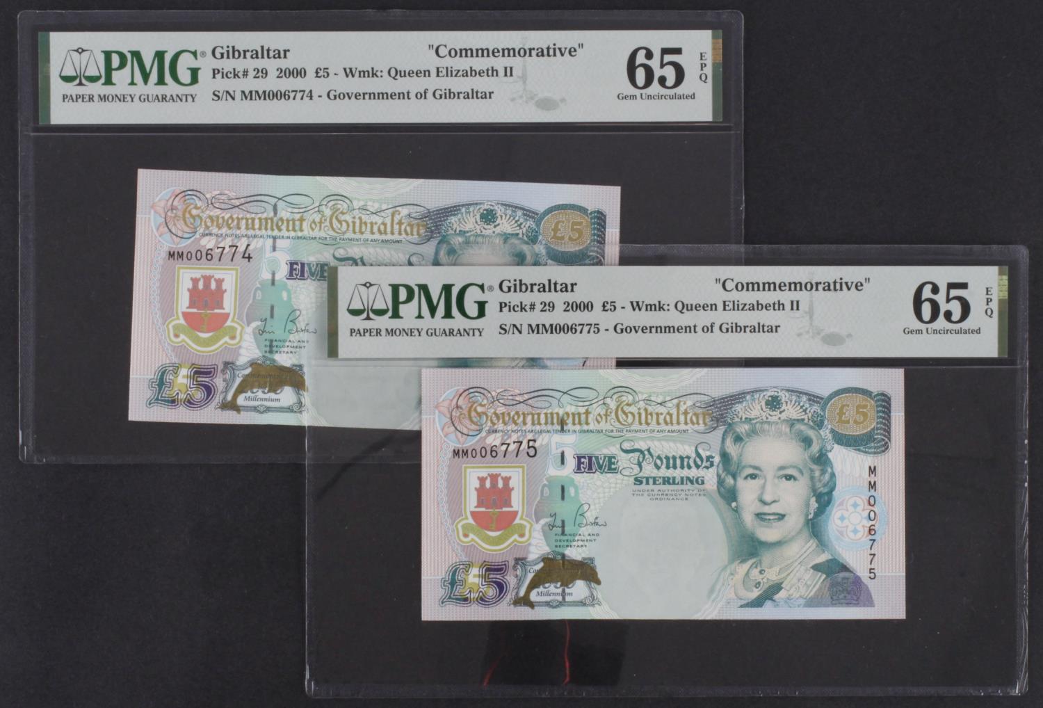 Gibraltar 5 Pounds (2) dated 2000, Commemorative notes Millennium 2000, a consecutively numbered