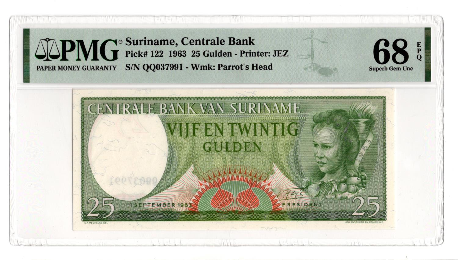 Suriname 25 Gulden dated 1st September 1963, serial QQ 037991 (TBB B508b, Pick122) in PMG holder