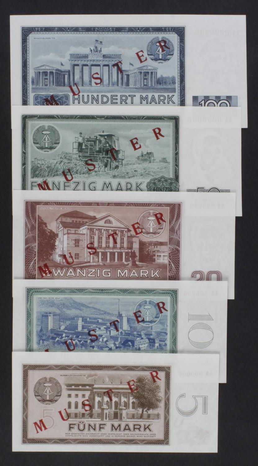 Germany Democratic Republic (5), a set of SPECIMEN notes, 100 Mark, 50 Mark, 20 Mark, 10 Mark & 5 - Image 2 of 2