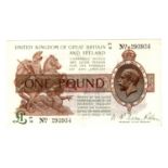 Warren Fisher 1 Pound (T31) issued 1923, serial P1/18 293934, No. with dot (T31, Pick359a) centre