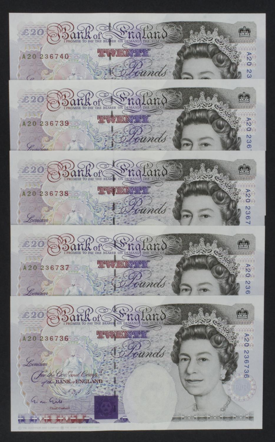 Gill 20 Pounds (B358) issued 1991 (5), a consecutively numbered run of FIRST SERIES notes, serial