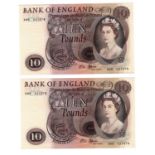 Fforde 10 Pounds (B316) issued 1967 (2), scarce LAST RUN 'A95' prefix, a consecutively numbered
