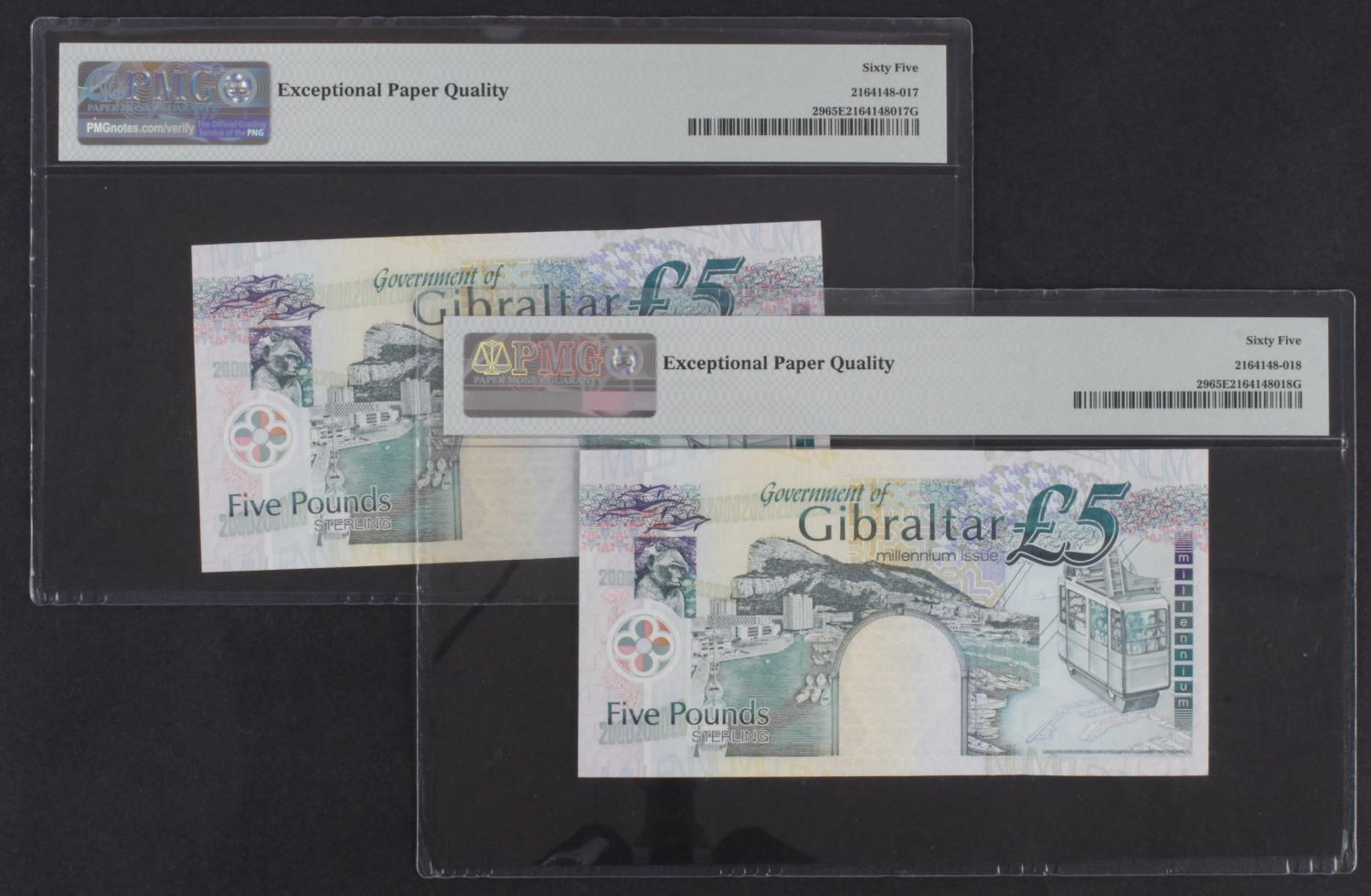 Gibraltar 5 Pounds (2) dated 2000, Commemorative notes Millennium 2000, a consecutively numbered - Image 2 of 2