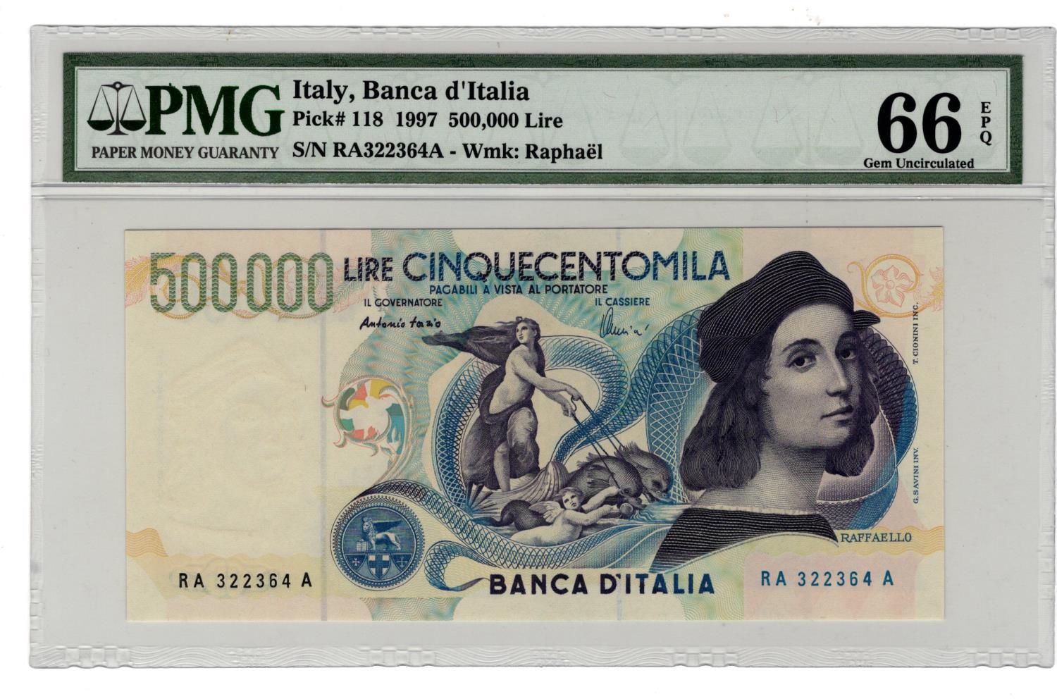 Italy 500,000 Lire dated 6th May 1997, final pre Euro issue, portrait Raffaello at right, serial